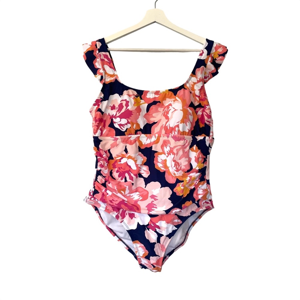Kona Sol One Piece Swimsuit Floral Pink/ Navy Women’s Size 16 Flutter Straps New